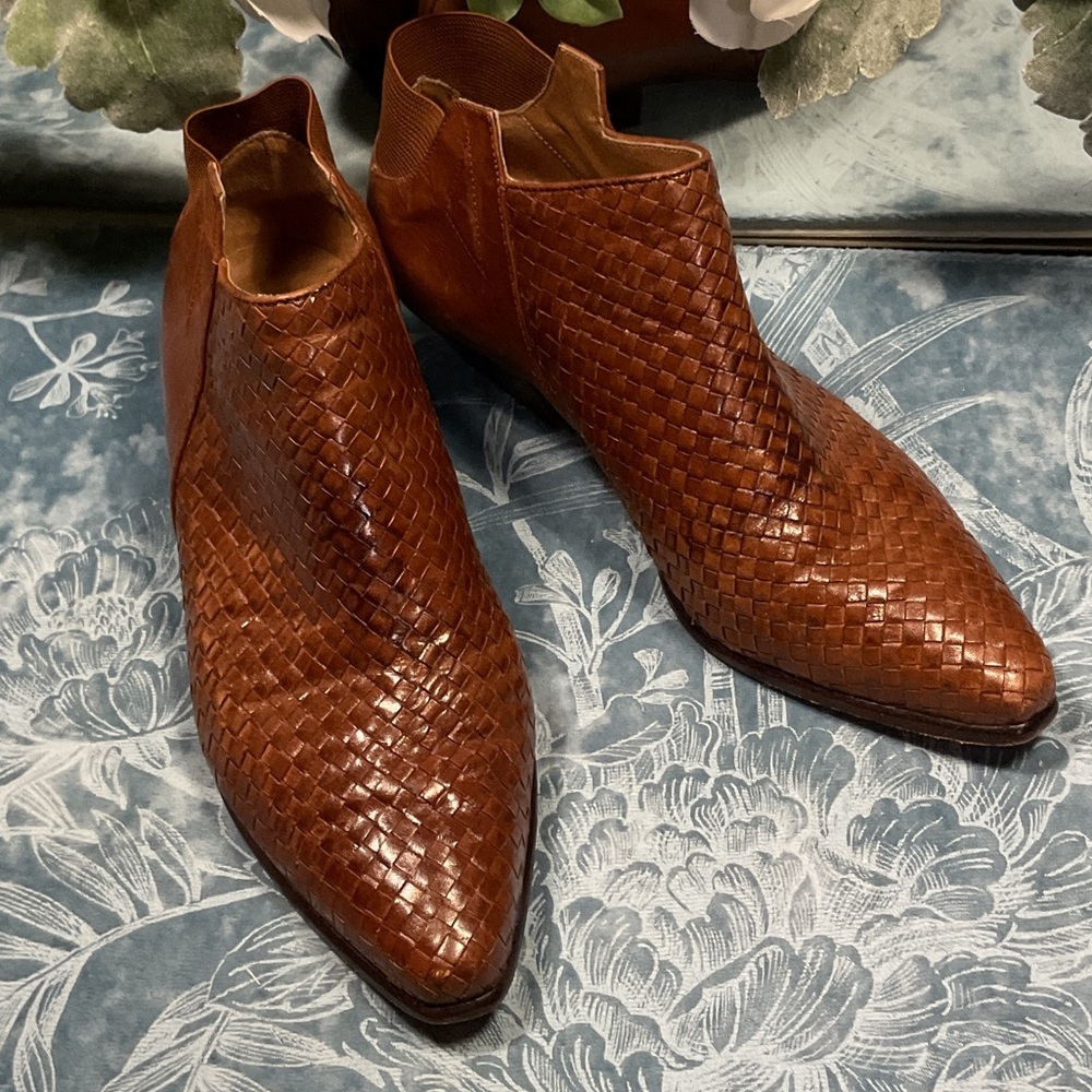 Brown Woven Leather Ankle Booties
